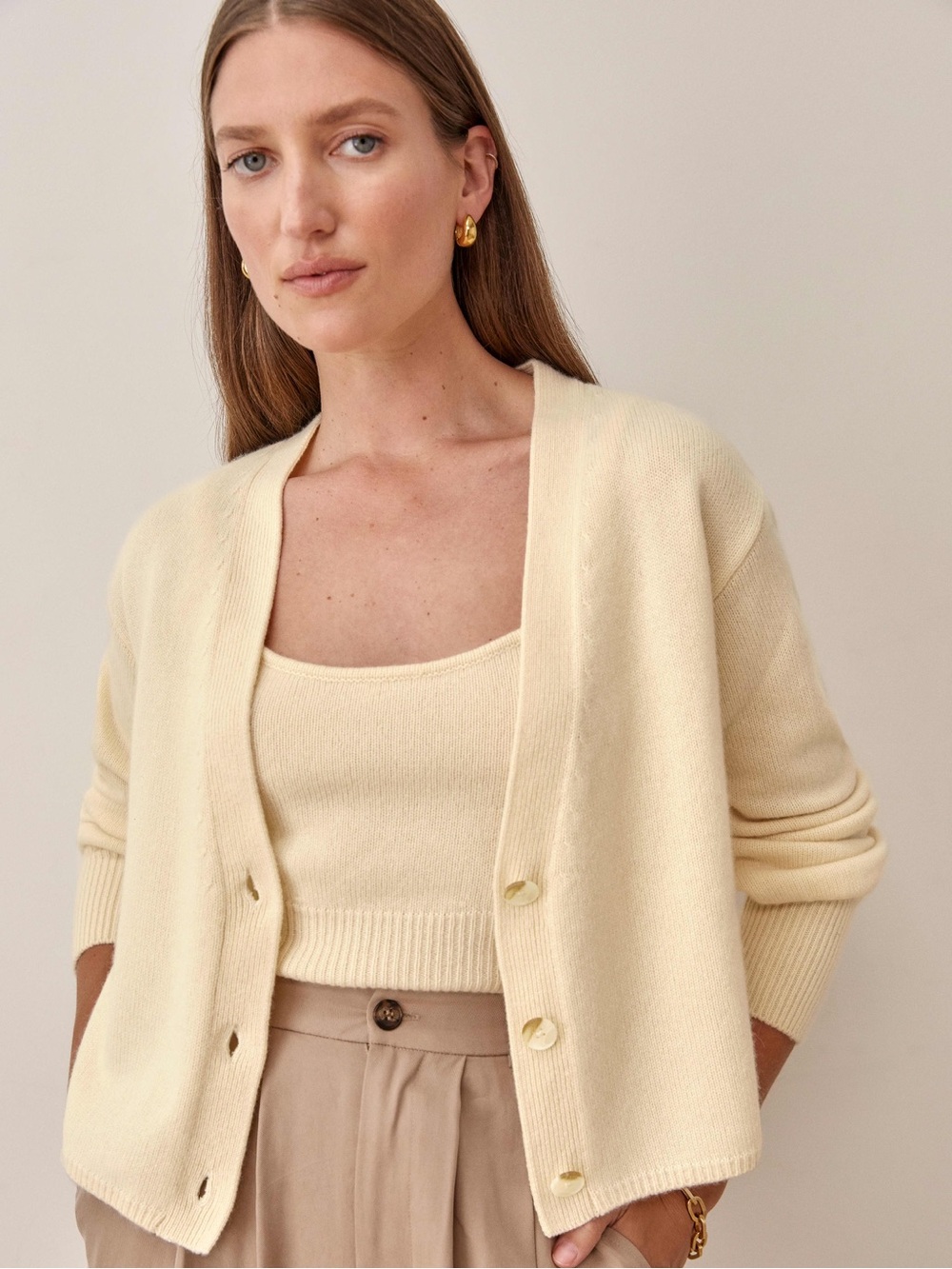 Reformation Varenne Cashmere Tank and Cardigan Set in Butter Yellow